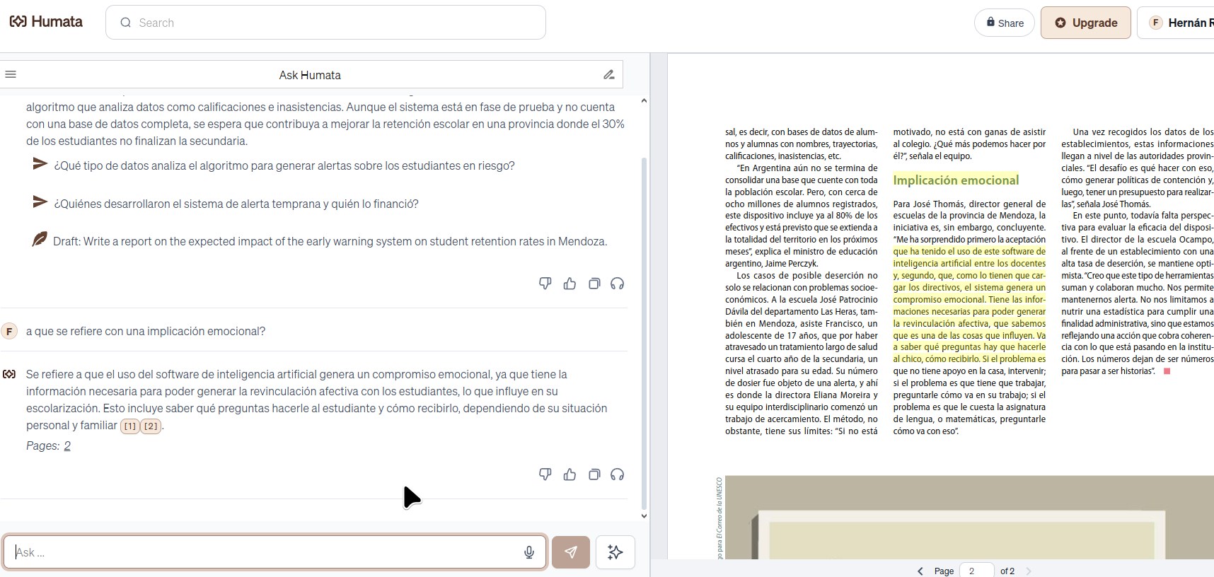 Sitio humata.ai, ejemplo de uso.